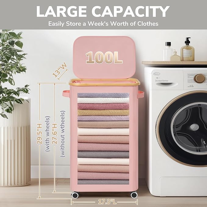 Goodpick Laundry Basket with Wheels, Collapsible Clothes Hampers with Removable Laundry Bag 100L Large Rolling Hamper with Lid for Bedroom, Bathroom, Pink