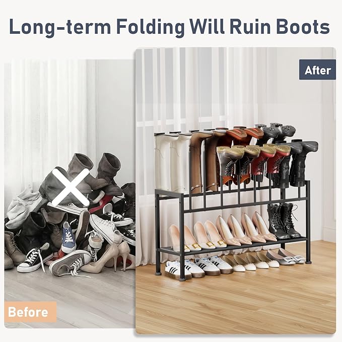 DIMJ Boot Rack 3-Tier - Black Metal Boot Storage Rack for Tall Boots Organizer Tall Boots, Multiuse Shoe Rack for Boots, Sneakers, High-Heel, Entryway, Fit for 8 Pairs, Black