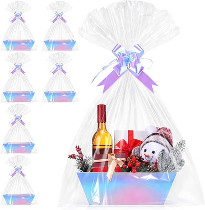 AFOROEOA 6PACK Laser Baskets for Gifts Empty, 12x10x4” Holographic Iridescent Gift Basket Kit with 6 Bows & 6 Bags - Kraft Empty Gift Baskets for Christmas, Weddings, Birthdays, Holiday Gifting Hampers