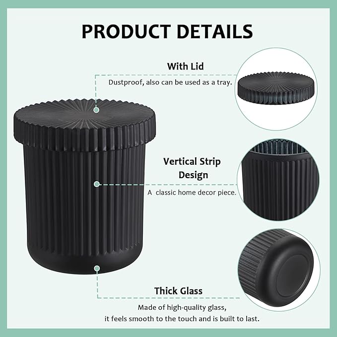 Hipiwe Glass Bathroom Organizer Set, 2 Pack Qtip Dispenser Holder Cotton Swab Organizer with Lid Q-tip Apothecary Jars Bathroom Countertop Storage Canister for Toothbrush Floss Picks, Black