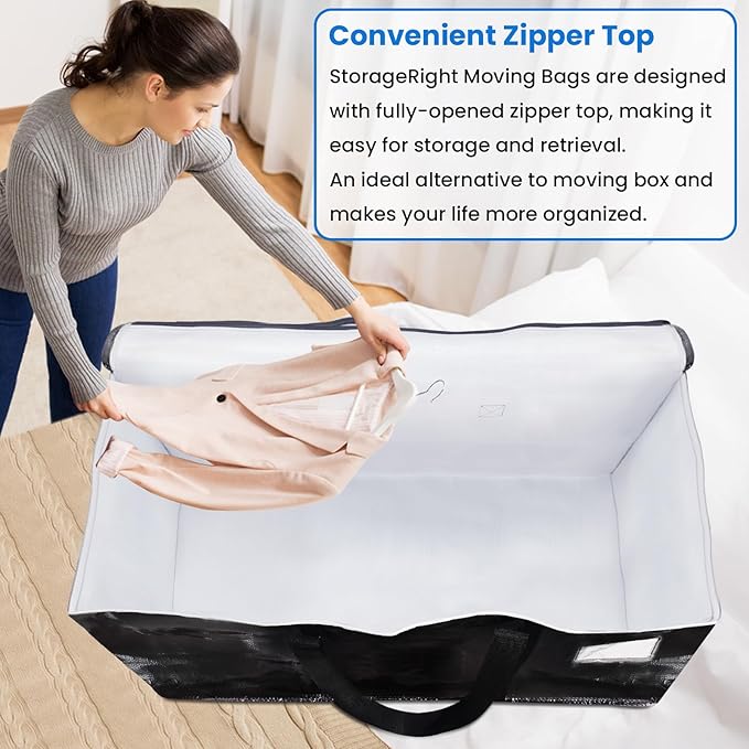 StorageRight Large Moving Bags Heavy Duty Storage Totes for Storage,Packing & Moving Collapsible Moving Supplies with Large Capacity, Reinforced Zippers and Handles, 125L, 4 Packs