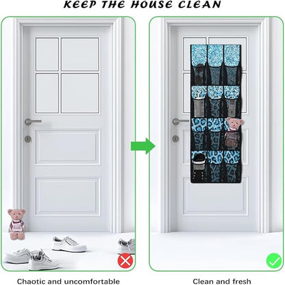 Large Capacity Door Organizer with 12 Pockets, Storage Hanging Bag Behind the Door for Accessories and Essentials, Foldable and Space Saving Design for Home Use, Shiny Blue Leopard Print