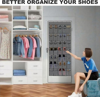 35 Large Pockets Over The Door Shoe Organizer – Sturdy Oxford Fabric Hanging Shoe Rack with Mesh Pockets, Door Shoe Rack with 4 Metal Hooks, Space-Saving Shoe Holder for Closet, Gray