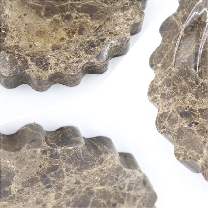 Round Marble Decorative Tray with Scalloped Edge, Luxury Natural Stone Bathroom Vanity Tray, Dresser Top Perfume Coffee Home Kitchen Sink Tray, Key Trinket Ring