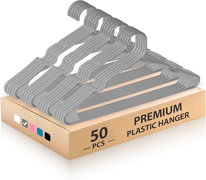 Plastic Hangers for Clothes - Durable & Versatile Color, Coat, Shirt & Pants Hangers - Space Saving Closet Storage Organizer Essentials with Non-Slip for Home, Dorm, Apartment (Gray, 50 Pack)
