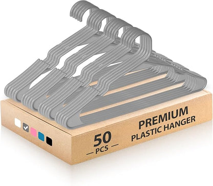 Plastic Hangers for Clothes - Durable & Versatile Color, Coat, Shirt & Pants Hangers - Space Saving Closet Storage Organizer Essentials with Non-Slip for Home, Dorm, Apartment (Gray, 50 Pack)
