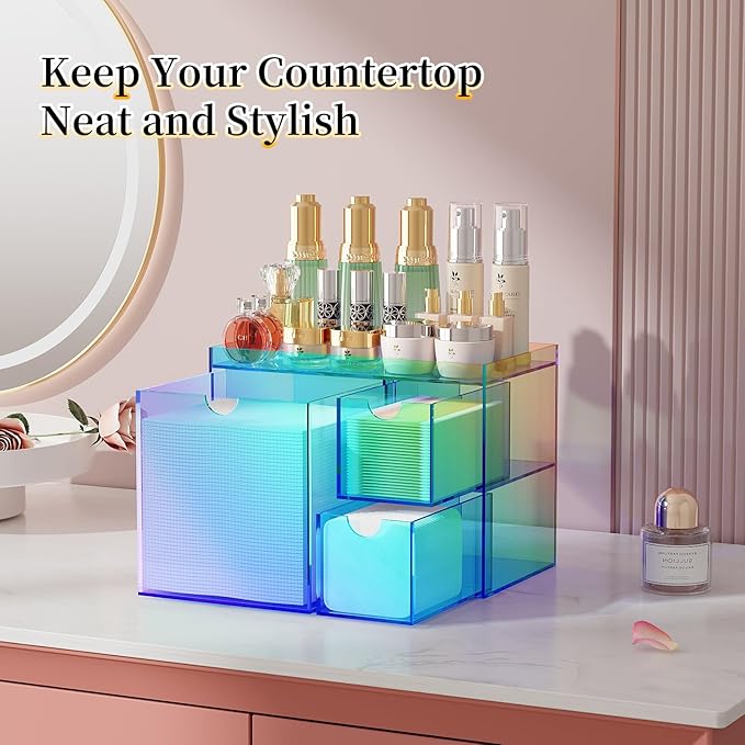 Youdepot Acrylic Face Towel Holder with Drawer – 4-Layer Disposable Face Towel Holder Organizer Box – Bathroom Countertop Storage for Cotton Pads, Swabs, and Skincare (Rainbow)