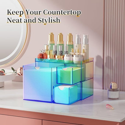 Youdepot Acrylic Face Towel Holder with Drawer – 4-Layer Disposable Face Towel Holder Organizer Box – Bathroom Countertop Storage for Cotton Pads, Swabs, and Skincare (Rainbow)