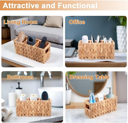 Wicker Party Silverware Caddy, Small Water Hyacinth Plastic Cutlery Utensil Holder, Hand Woven with Handles, Kitchen Countertop and Picnic flatware Organizer