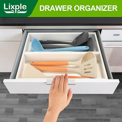 Lixple Kitchen Drawer Organizer - 2 Pack, Stackable Bamboo Drawer Organizers, Wooden Storage Box Tray for Cabinet, Pantry, Bathroom Countertop, Multi-use Organization and Storage (White)