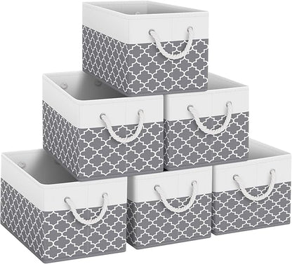 Fab totes Storage Bins 6-Pack, Foldable Storage Baskets for Organizing Toys, Books, Shelves, Closet, Large Storage Box with Rope Handles, Sturdy Organizer Bins,Clover Grey