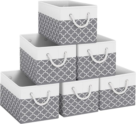 Fab totes Storage Bins 6-Pack, Foldable Storage Baskets for Organizing Toys, Books, Shelves, Closet, Large Storage Box with Rope Handles, Sturdy Organizer Bins,Clover Grey