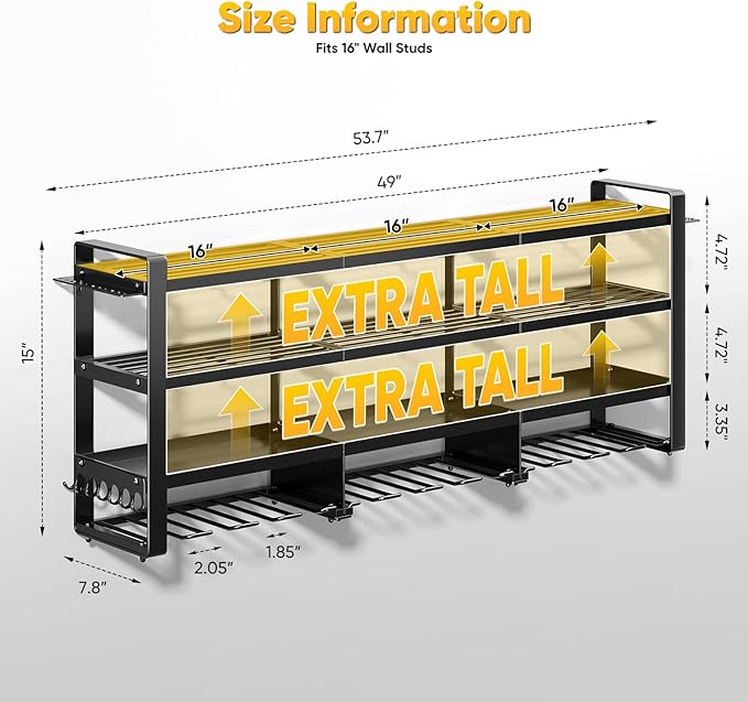 POKIPO 49" W Large Power Tool Organizer Wall Mount, 4 Layer Heavy Duty Loads 800 lbs, Tool Storage Rack Holds 12 Cordless Drills, Large Capacity Battery Holder for Garage, Gift for Men