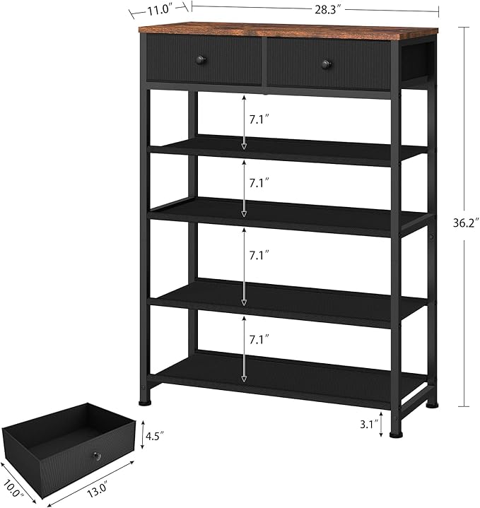 usikey Shoe Rack, 5 Tier Shoe Storage Organizer with 2 Drawers, Metal Shoe Shelf for 12-16 Pairs of Shoes, with 4 Oxford Fabric Shelves and Wooden Top, Shoe Stand for Closet Entryway, Black UNYXJX013H