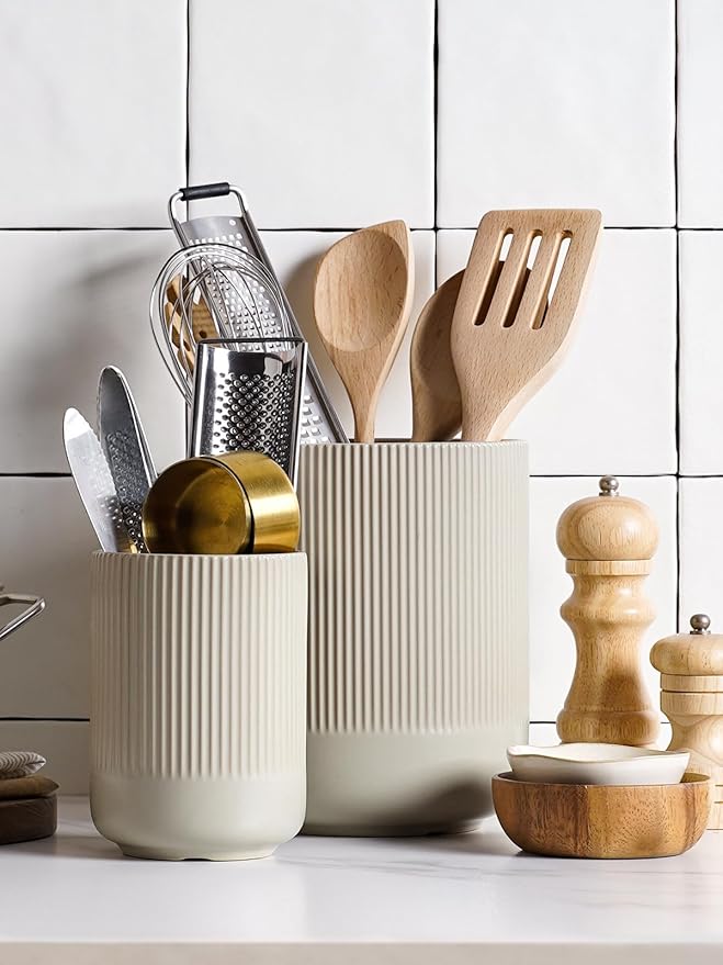 LE TAUCI Utensil Holder for Kitchen Counter, 7.3"+5.4" Fluted Ceramic Utensil Crock Organizer for Countertop, Heavy Large Holder for Spatulas, Spoons, Set of 2, Oatmeal Greige