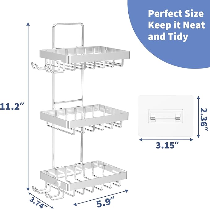 Moforoco Silver Soap Dish Holder for Shower Wall, No Drilling, 3-Tier 304 Rustproof Stainless Steel, Soap Bar Holder with 4 Hooks, Shampoo Bar Holder for Shower Caddy for Bathroom