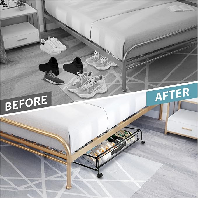 Under Bed Shoe Storage with Wheels, Space Saving Shoe Organizer with Sturdy Metal Frame & Breathable Mesh, Suitable Under The Bed, Sofa and Desk, 1 Pack