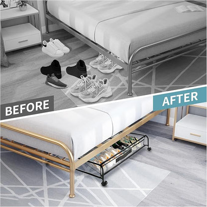 Under Bed Shoe Storage with Wheels, Space Saving Shoe Organizer with Sturdy Metal Frame & Breathable Mesh, Suitable Under The Bed, Sofa and Desk, 1 Pack