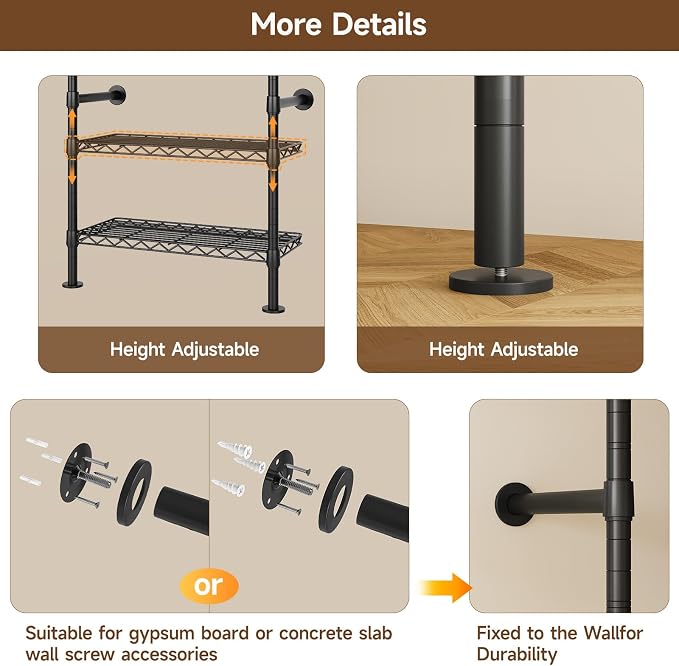 ONBRILL L4 Wall Mounted Industrial Pipe Clothing Rack, Closet Organizer System with 6 Hanging Clothes Rods ( 4 Expandable Rods) & 8 Shelves, Heavy Duty Corner Garment Rack, Large Wardrobe - Black