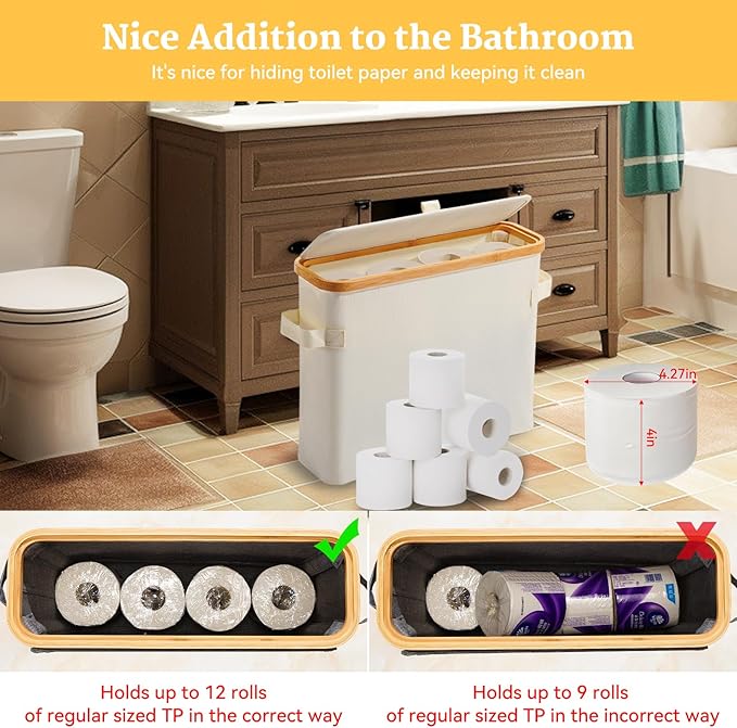 Toilet Paper Storage Basket with Lid, Bamboo Toilet Paper Storage Holder Stand Organizer for Bathroom, Toilet Paper Storage Box Container with Handle Bin for RV Closet, Beige