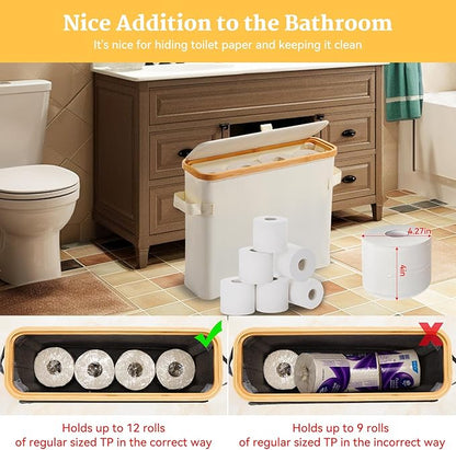 Toilet Paper Storage Basket with Lid, Bamboo Toilet Paper Storage Holder Stand Organizer for Bathroom, Toilet Paper Storage Box Container with Handle Bin for RV Closet, Beige