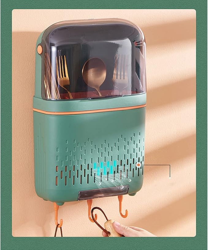 Chopstick Container, Kitchen Cutlery Drainer, Hanging Kitchen Utensil Holder, Waterproof Chopstick Storage Rack, Rustproof Compartmental Storage Cutlery Drainer with Cover for(Coloured Glaze Green)