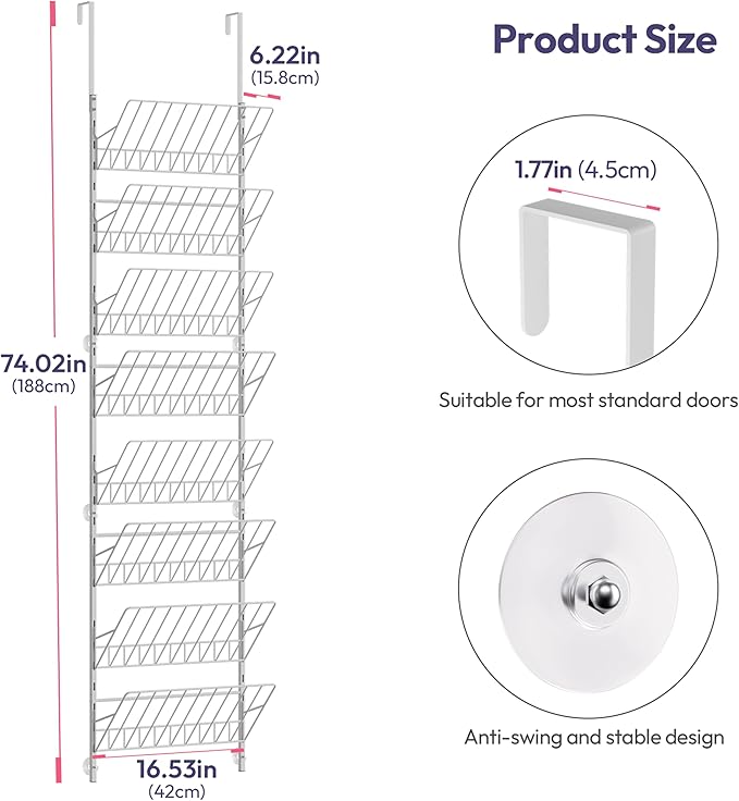 SWTYMIKI Over the Door Shoe Organizer - Adjustable 8 Tier Hanging Shoe Rack Organizer, Metal Heavy Duty Behind Door Storage or Wall Mount Shoes Shelf for Flats, Heels, Sneakers, Boots, White