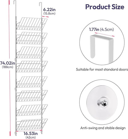 SWTYMIKI Over the Door Shoe Organizer - Adjustable 8 Tier Hanging Shoe Rack Organizer, Metal Heavy Duty Behind Door Storage or Wall Mount Shoes Shelf for Flats, Heels, Sneakers, Boots, White