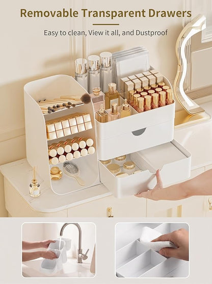 Booklov Makeup Organizer for Vanity, Countertop Cosmetic Display Case with Drawers, Bathroom Counter Beauty Caddy, Comfyroom Table Storage Holder for Skincare, Brush Eyeliner Eyeshadow Lipstick, White