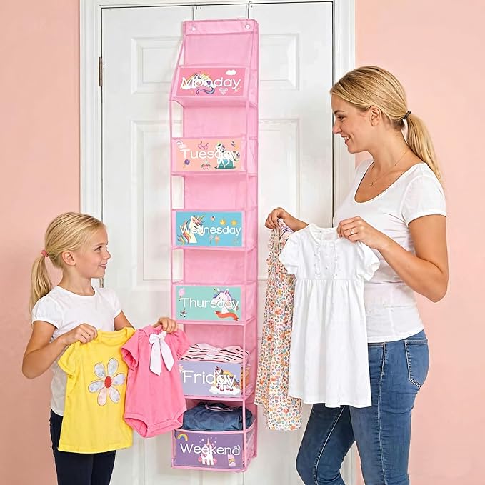 2 Pcs 6-Shelf Weekly Clothes Organizer for Kids Daily Hanging Closet Organizer with 2 Sets Week Day Stickers Foldable Days of The Week Behind Door Hanging Storage Shelves