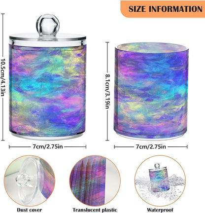Iridescent Qtip Holder Dispenser 2 PCS Plastic Bathroom Canister Apothecary Jars with Lid 14 oz Vanity Makeup Storage Organizer for Cotton Swabs, Balls, Pads, Floss
