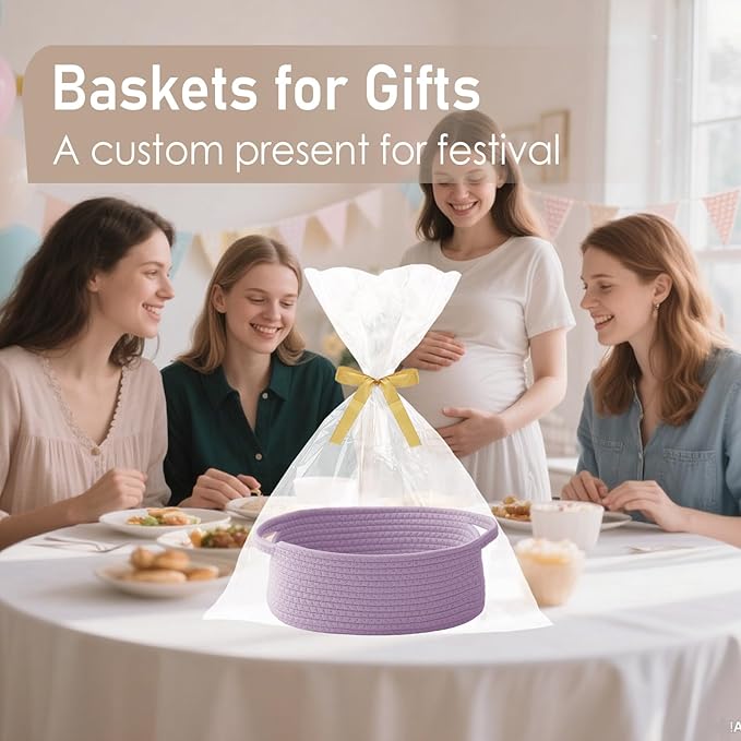 JMvicyroam Woven Basket,Small Rope Storage Bin with Handles & Ribbon Bag, Organizer for Shelves Closets,Gift Basket Empty for Birthday,Books,Dog Toys, Purple/3 Pack