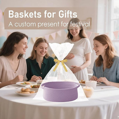 JMvicyroam Woven Basket,Small Rope Storage Bin with Handles & Ribbon Bag, Organizer for Shelves Closets,Gift Basket Empty for Birthday,Books,Dog Toys, Purple/3 Pack