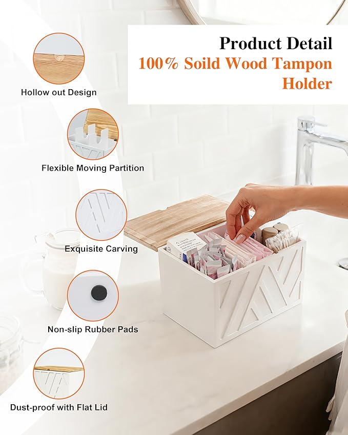 Tampon Holder for Bathroom Decor Feminine Product Organizer With Lid Shark Week Box Wooden Pad Girl Stuff Box (BLACK, lid) (1, WHITE)