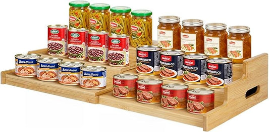 Bamboo Expandable Can Rack Organizer for Pantry, Stackable 3 Tier Canned Food Organizers and Storage, Kitchen Cabinet, Can Holders Dispensers for Pantry Up To 24 Cans