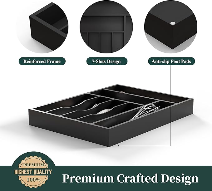 Bamboo Silverware Organizer, Kitchen Drawer Organizer, Utensil Holder, Cutlery Tray & Spoon Flatware Storage with Grooved Drawer Dividers (Black, 12.5''W x 16.5''D)