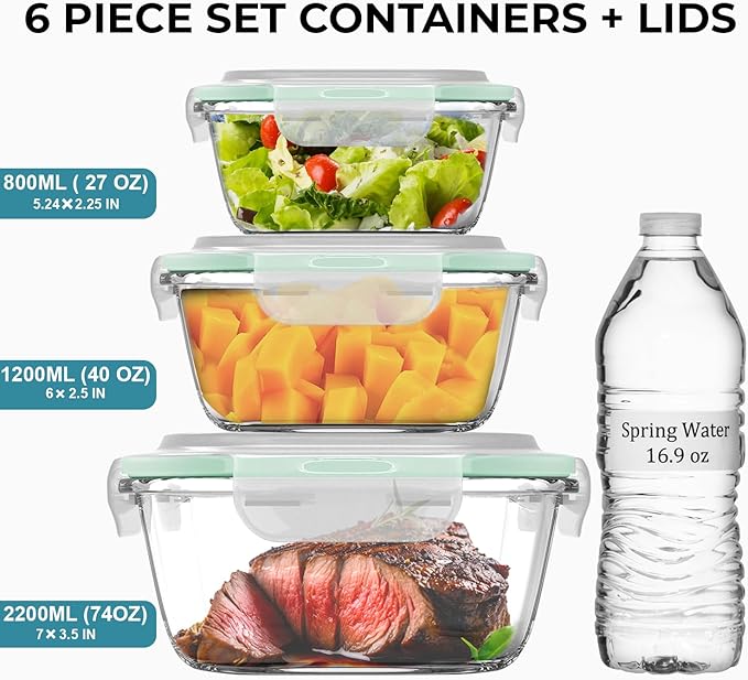 Razab 6 PC Square Glass Food Storage Containers with Airtight lids (74, 40 & 18 oz) Kitchen Glass Meal Prep Containers Set for Freezer Reusable Leftover Lunch Boxes, Oven, Microwave, Dishwasher Safe