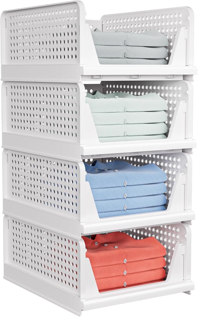 caktraie 4 Pack Stackable Closet Storage Basket - Stackable Storage Bins, Multifunctional & Foldable Closet Organizer Divided, Wardrobe Cupboard Space-Saving Clothes Storage Hat Organizer, White