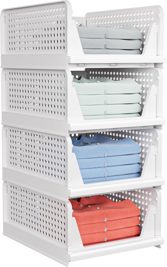 caktraie 4 Pack Stackable Closet Storage Basket - Stackable Storage Bins, Multifunctional & Foldable Closet Organizer Divided, Wardrobe Cupboard Space-Saving Clothes Storage Hat Organizer, White