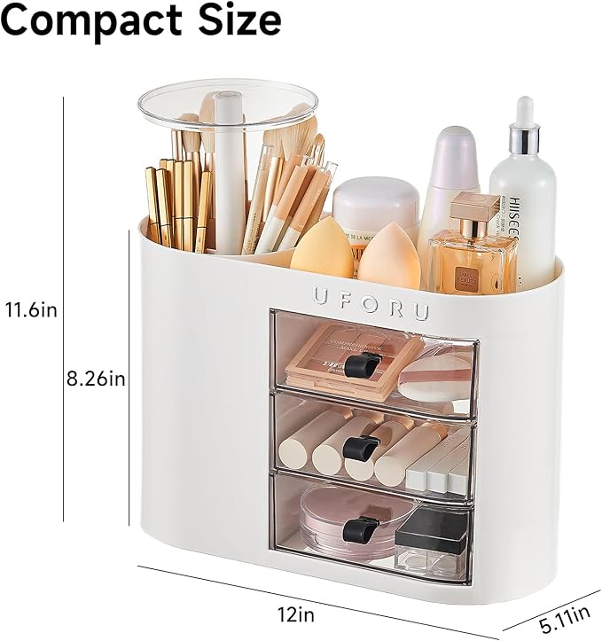 UFORU Makeup Organizer with Pop-Up Brush Holder for Dresser Vanity, Plastic Bathroom Counter Organizer with 3 Drawers & Dust-Proof Cover, Cosmetic Display Case for Lipstick, Skincare, White