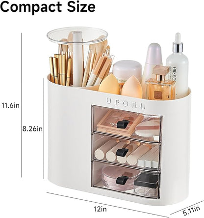 UFORU Makeup Organizer with Pop-Up Brush Holder for Dresser Vanity, Plastic Bathroom Counter Organizer with 3 Drawers & Dust-Proof Cover, Cosmetic Display Case for Lipstick, Skincare, White