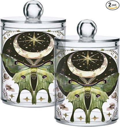 2 Pack Qtip Holder Dispenser for Cotton Ball Luna Moth Moon Swab Round Pads Clear Plastic Acrylic Jar Set Bathroom Canister