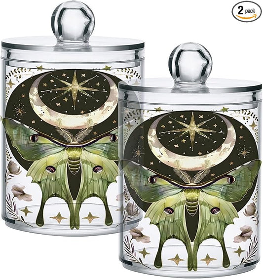 2 Pack Qtip Holder Dispenser for Cotton Ball Luna Moth Moon Swab Round Pads Clear Plastic Acrylic Jar Set Bathroom Canister