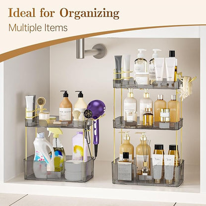 SpaceTrove 2-Tier Bathroom Counter Organizer, Makeup Organizer, Perfume Organizer, Large Skincare & Vanity Organizer, with Toothbrush, Toothpaste, Hair Dryer Holder (Smoky Grey)
