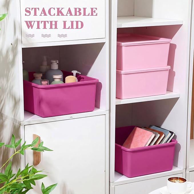 Menkxi 4 Pcs Storage Bins with Lids Plastic Stackable Containers for Organizing Shelves Christmas Ornament Box Baskets(Dark Pink, Light Pink,Large)