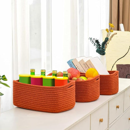 ICERZCZ Small Red Woven Baskets for Organizing, Basket for Gifts Empty, Cotton Rope Baskets for Storage, Organizer Bins for Organization, 13"×8.5"×5.1" (3 Packs) Brick Red