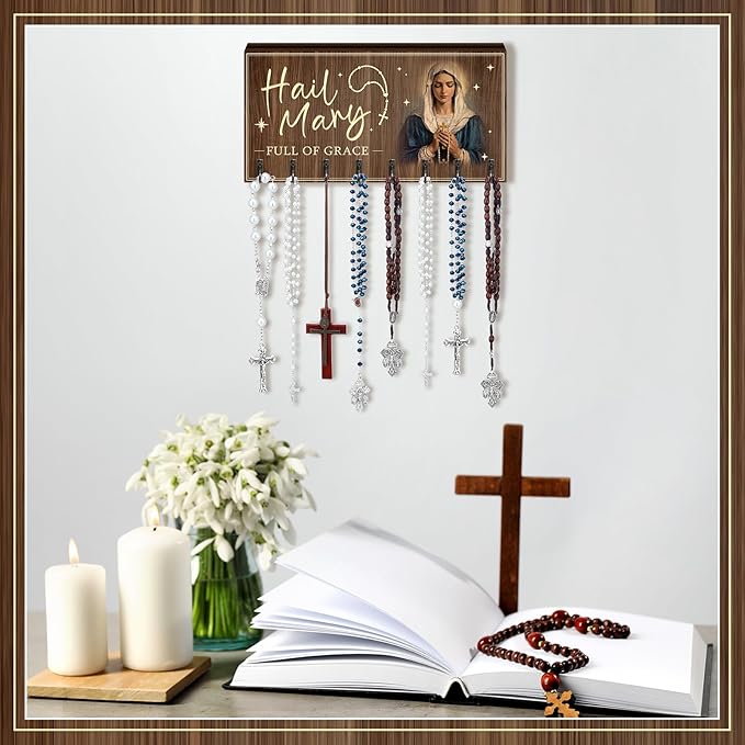 Colingmill Large Wooden Rosary Holder Wall Mounted with 8 Hangers Catholic Rosary Storage Organizer Decorative Hanger Holder for Necklace, Bracelet Prayer Storage(Classic)
