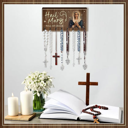 Colingmill Large Wooden Rosary Holder Wall Mounted with 8 Hangers Catholic Rosary Storage Organizer Decorative Hanger Holder for Necklace, Bracelet Prayer Storage(Classic)