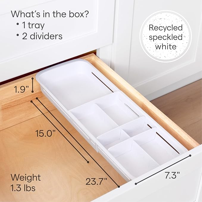 YouCopia DrawerFit Sliding Drawer Tray with Adjustable Dividers, Expandable Kitchen Storage Organizer, Speckled White