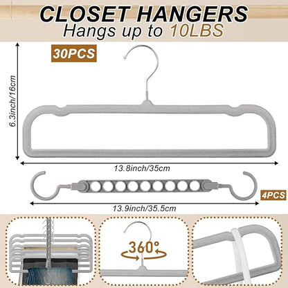 Velvet Pants Hangers Non Slip, 30 Pack Velvet Hangers for Closet with Porous Hooks, Strong Durable Space Saving Slim Clothes Hanger, Ultra Soft Flocked Hanger for Pants/Shirts/Bra/Shorts (Grey)